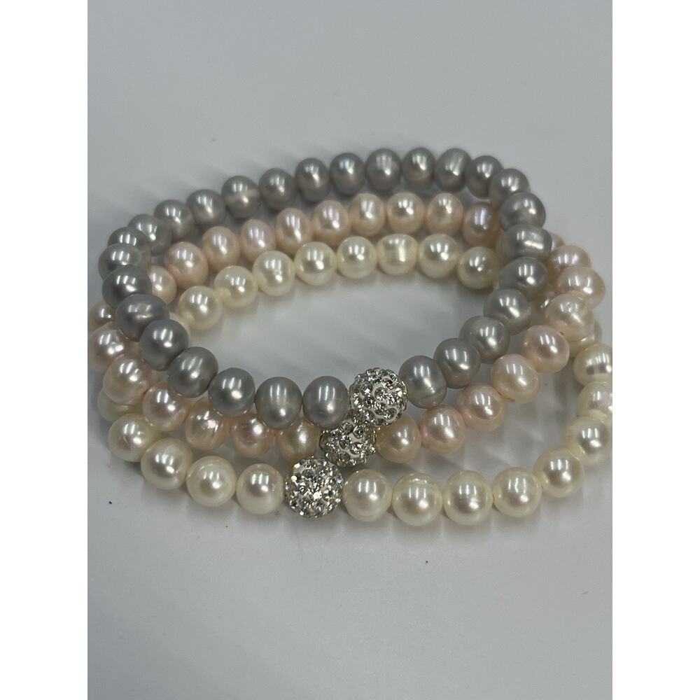 Freshwater Pearl Bracelet Set of 3 Ivory Pink Gray Stretch Bridal Elegant Stack